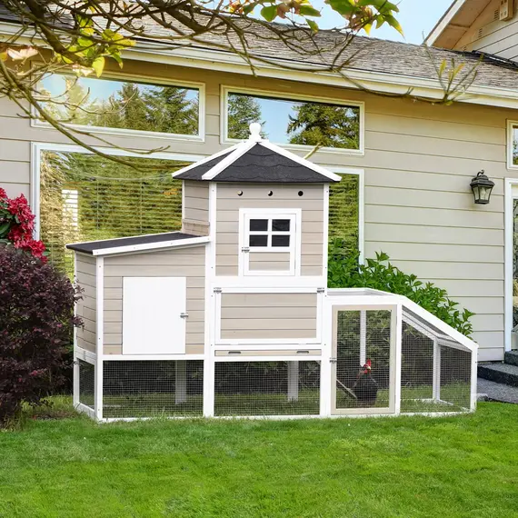 Buy PawHut Wooden Chicken Coop Outdoor Hen House Multi-room Poultry Cage with Removable Tray Separate Nesting Box, Grey 235 x 83 x 171cm
