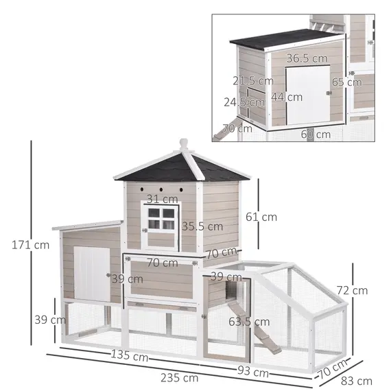 Buy PawHut Wooden Chicken Coop Outdoor Hen House Multi-room Poultry Cage with Removable Tray Separate Nesting Box, Grey 235 x 83 x 171cm, 2 image