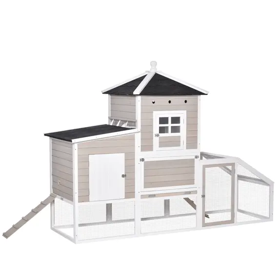 Buy PawHut Wooden Chicken Coop Outdoor Hen House Multi-room Poultry Cage with Removable Tray Separate Nesting Box, Grey 235 x 83 x 171cm, 3 image