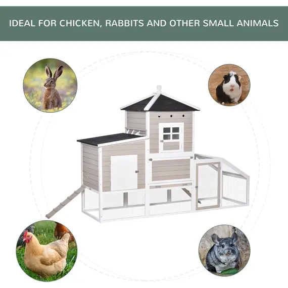 Buy PawHut Wooden Chicken Coop Outdoor Hen House Multi-room Poultry Cage with Removable Tray Separate Nesting Box, Grey 235 x 83 x 171cm, 8 image