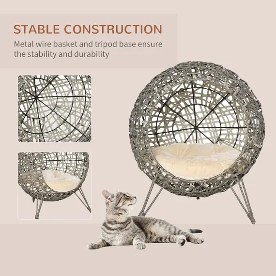 Buy Pawhut Woven Rattan Wicker Elevated Cat Bed House Kitten Pussy Basket Ball Shaped Pet Furniture w/ Removable Cushion Smoky Grey 52 x 52 x 58 cm, 3 image