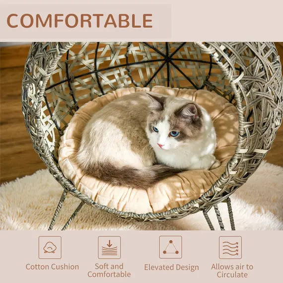 Buy Pawhut Woven Rattan Wicker Elevated Cat Bed House Kitten Pussy Basket Ball Shaped Pet Furniture w/ Removable Cushion Smoky Grey 52 x 52 x 58 cm, 5 image