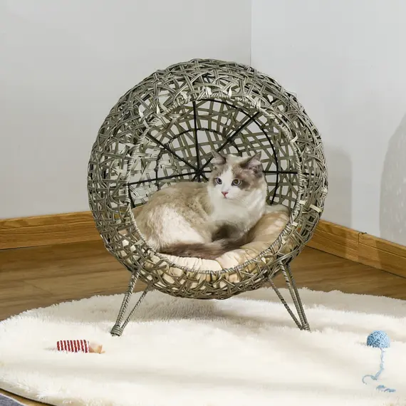 Buy Pawhut Woven Rattan Wicker Elevated Cat Bed House Kitten Pussy Basket Ball Shaped Pet Furniture w/ Removable Cushion Smoky Grey 52 x 52 x 58 cm, 8 image