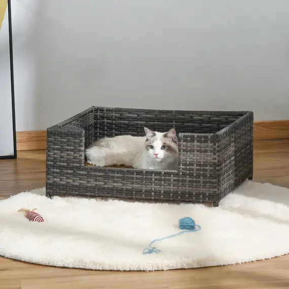 Buy Rattan Dog Cat Bed Four Feet Pet House Hand-knitted Metal Small Animal Sofa Rattan with Soft Machine Washable Cushion White-gray