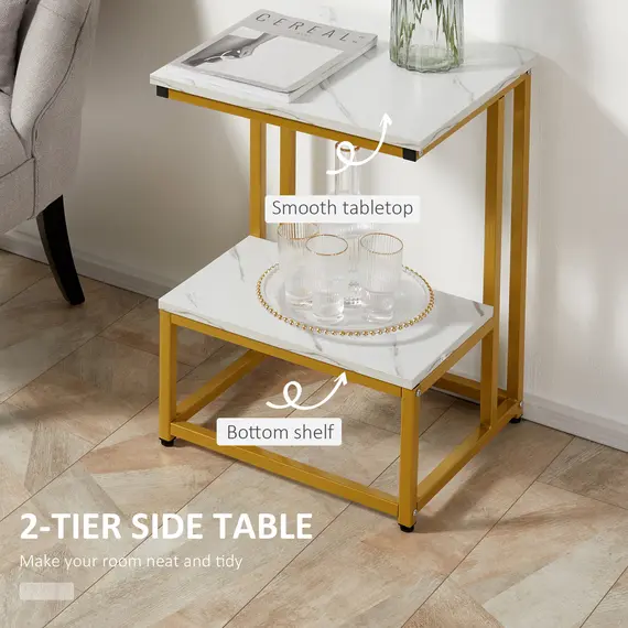 Buy Side Table, Double Layer End Table, Modern Coffee Table with Steel Frame and Adjustable Non-Slip Feet for Living room, Bedroom, White, 3 image