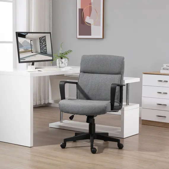 Buy Vinsetto Mid Back Office Chair Height Adjustable Linen Fabric Task Chair with Ergonomic Line Wide Seat, Thick Padding, and 360В° Swivel Wheels