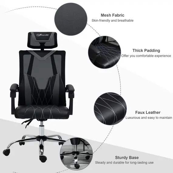 Buy Vinsetto Office Chair Ergonomic Desk Chair with Rotate Headrest, Lumbar Support & Adjustable Height, 360В° Swivel Computer Chair, 5 image