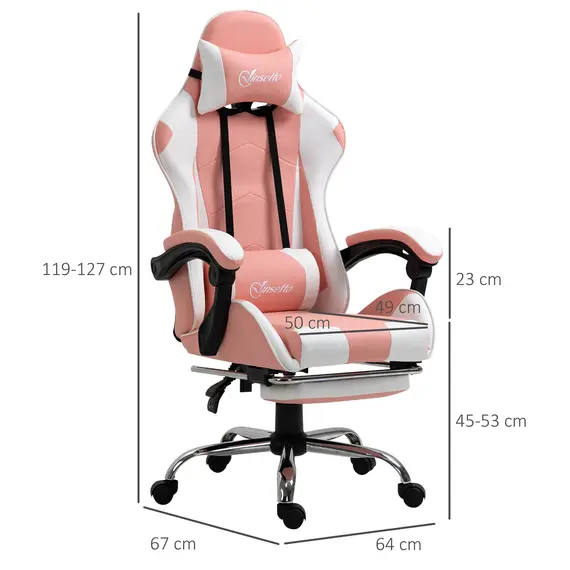 Buy Vinsetto Racing Gaming Chair with Lumbar Support, Head Pillow, Swivel Wheels, High Back Recliner Gamer Desk Chair for Home Office, Pink, 2 image