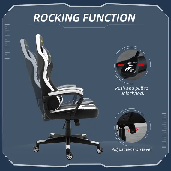 Buy Vinsetto Racing Gaming Chair with Lumbar Support, Headrest, Swivel Wheel, PVC Leather Gamer Desk Chair for Home Office, Black White, 3 image