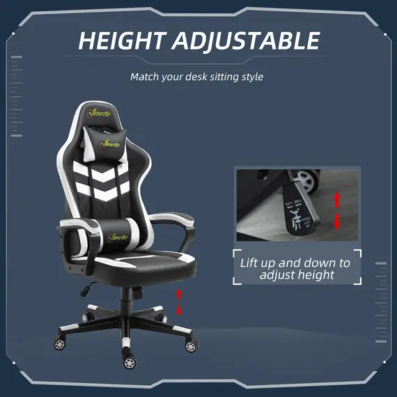 Buy Vinsetto Racing Gaming Chair with Lumbar Support, Headrest, Swivel Wheel, PVC Leather Gamer Desk Chair for Home Office, Black White, 4 image