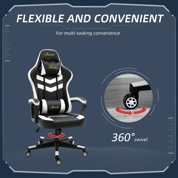 Buy Vinsetto Racing Gaming Chair with Lumbar Support, Headrest, Swivel Wheel, PVC Leather Gamer Desk Chair for Home Office, Black White, 5 image