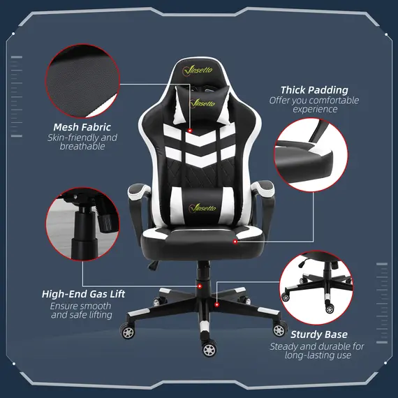 Buy Vinsetto Racing Gaming Chair with Lumbar Support, Headrest, Swivel Wheel, PVC Leather Gamer Desk Chair for Home Office, Black White, 6 image