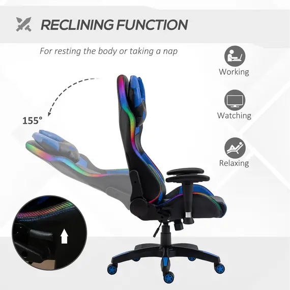 Buy Vinsetto Racing Gaming Chair with RGB LED Light, Lumbar Support, Adjustable Height, Swivel Home Office Computer Recliner High Back Chair, 5 image