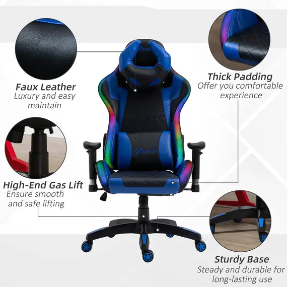 Buy Vinsetto Racing Gaming Chair with RGB LED Light, Lumbar Support, Adjustable Height, Swivel Home Office Computer Recliner High Back Chair, 7 image