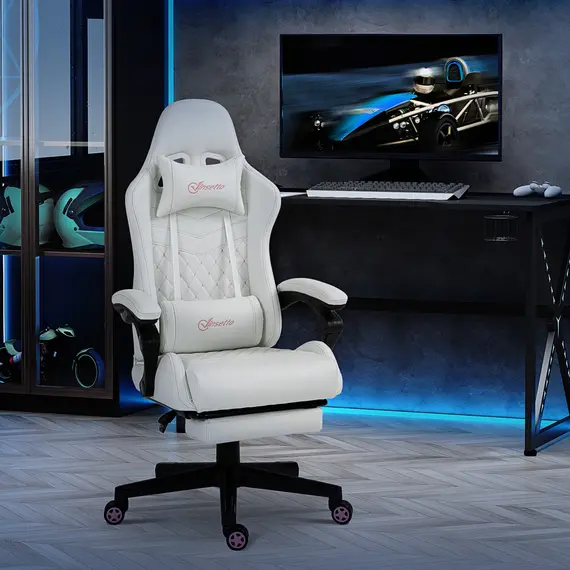 Buy Vinsetto Racing Gaming Chair with Swivel Wheel, Footrest, PU Leather Recliner Gamer Desk for Home Office, White