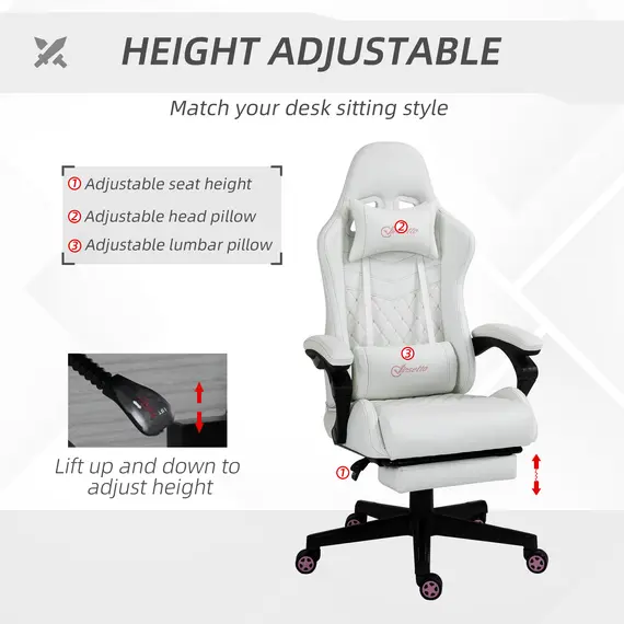 Buy Vinsetto Racing Gaming Chair with Swivel Wheel, Footrest, PU Leather Recliner Gamer Desk for Home Office, White, 3 image