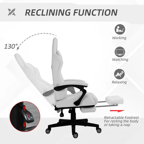 Buy Vinsetto Racing Gaming Chair with Swivel Wheel, Footrest, PU Leather Recliner Gamer Desk for Home Office, White, 4 image