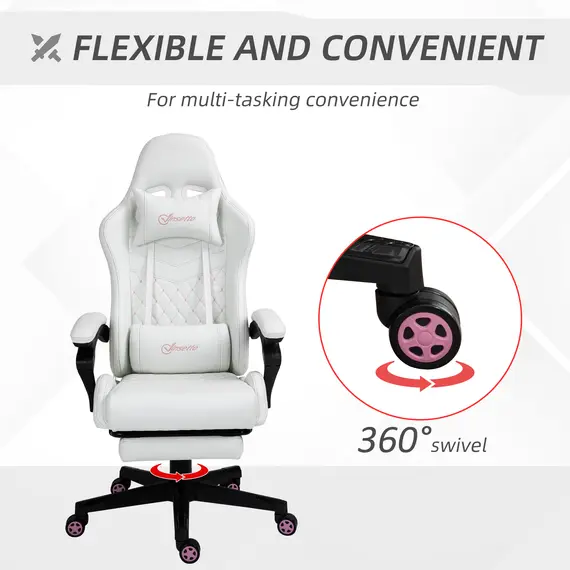 Buy Vinsetto Racing Gaming Chair with Swivel Wheel, Footrest, PU Leather Recliner Gamer Desk for Home Office, White, 5 image