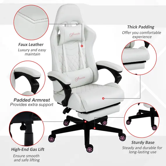 Buy Vinsetto Racing Gaming Chair with Swivel Wheel, Footrest, PU Leather Recliner Gamer Desk for Home Office, White, 6 image