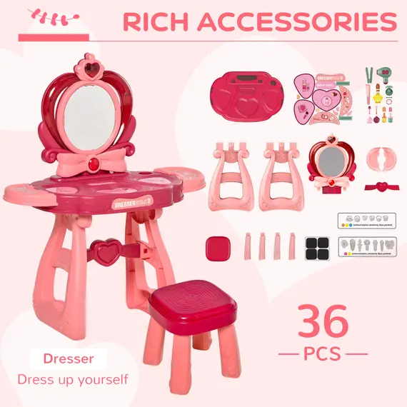 Buy 36 Pcs Children Vanity Musical Dressing Table Kids Magic Glamour Princess Mirror Make Up Desk With Stool Beauty Kit Lights Toy for 3 Years Old, 3 image