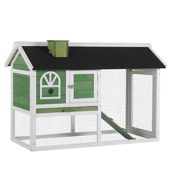 Buy Wooden Rabbit Hutch and Run with Sliding Tray, Ramp, Water-resistant Roof, for 2-4 Rabbits, Green