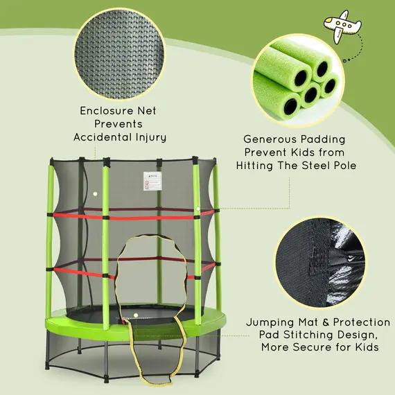 Buy HOMCOM 5.2FT/63 Inch Kids Trampoline with Enclosure Net Steel Frame Indoor Round Bouncer Rebounder Age 3 to 6 Years Old Green, 5 image