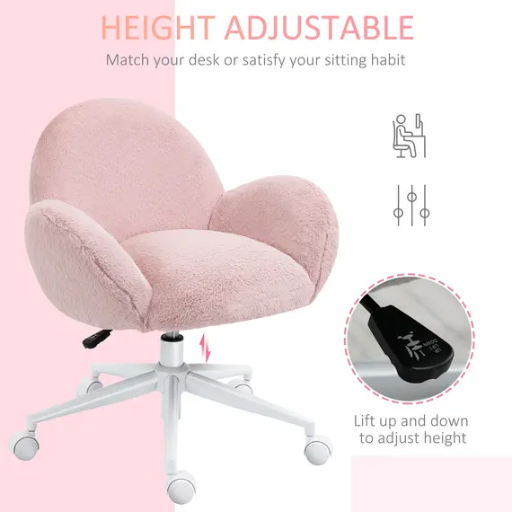 Buy HOMCOM Fluffy Leisure Chair Office Chair with High Back and Armrest for Home Bedroom Living Room with Wheels, Pink, 3 image