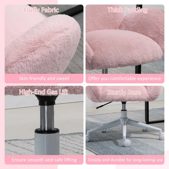 Buy HOMCOM Fluffy Leisure Chair Office Chair with High Back and Armrest for Home Bedroom Living Room with Wheels, Pink, 5 image