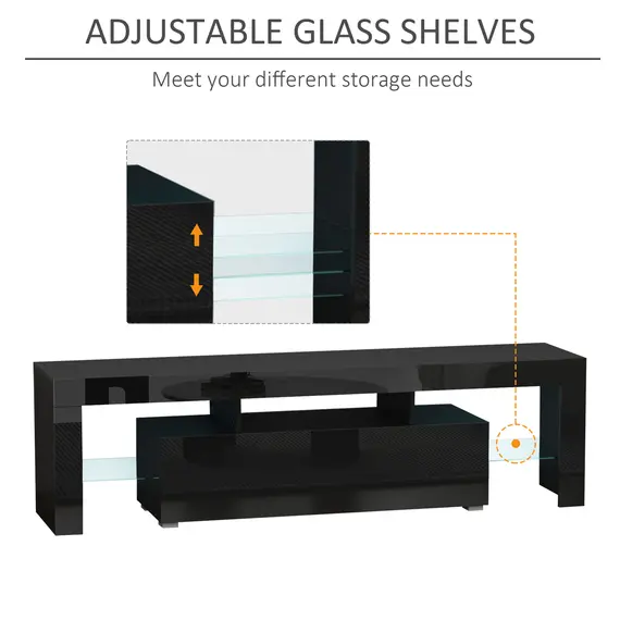 Buy HOMCOM High Gloss TV Stand Cabinet with LED RGB Lights and Remote Control for TVs up to 65", Media TV Console Table with Storage Compartment, Black, 4 image
