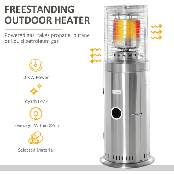 Buy Outsunny 10KW Outdoor Gas Patio Heater Terrace Freestanding Bullet Style Heater with Wheels, Dust Cover, Regulator and Hose, Silver, 6 image