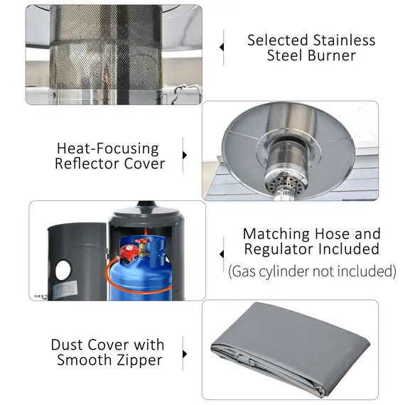 Buy Outsunny 12.5KW Outdoor Gas Patio Heater Freestanding Propane Heater with Wheels, Dust Cover, Regulator and Hose, Charcoal Grey, 6 image