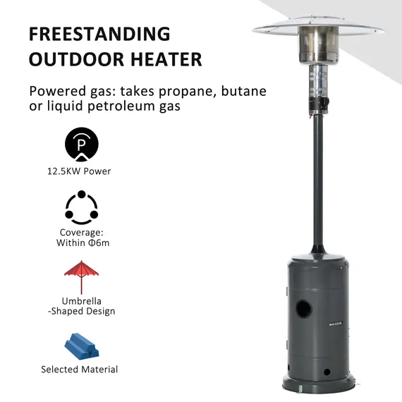 Buy Outsunny 12.5KW Outdoor Gas Patio Heater Freestanding Propane Heater with Wheels, Dust Cover, Regulator and Hose, Charcoal Grey, 7 image