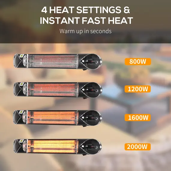 Buy Outsunny 2000W Electric Infrared Patio Heater Wall Mounted Carbon Fibre Heater with Remote Control, 4 Heat Settings, 24-Hour Timer, Black, 4 image