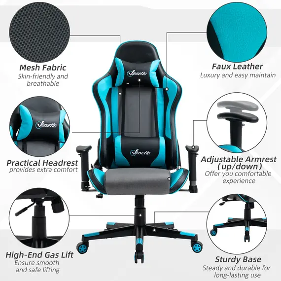 Buy Vinsetto Gaming Chair Racing Style Ergonomic Office Chair High Back Computer Desk Chair Adjustable Height Swivel Recliner with Headrest Sky Blue, 6 image