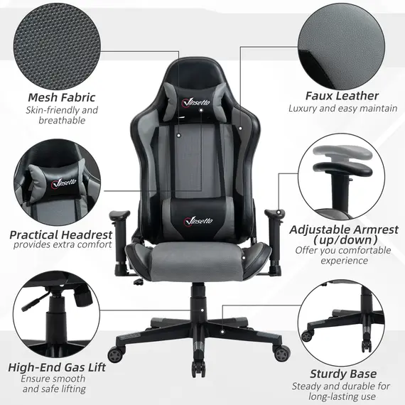 Buy Vinsetto Gaming Chair Racing Style Ergonomic Office Chair High Back Computer Desk Chair Adjustable Height Swivel Recliner with Lumbar Support, Grey, 6 image