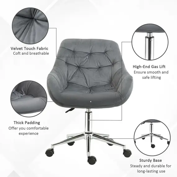 Buy Vinsetto Home Office Chair Velvet Ergonomic Computer Chair Comfy Desk Chair with Adjustable Height, Arm and Back Support, Dark Grey, 5 image