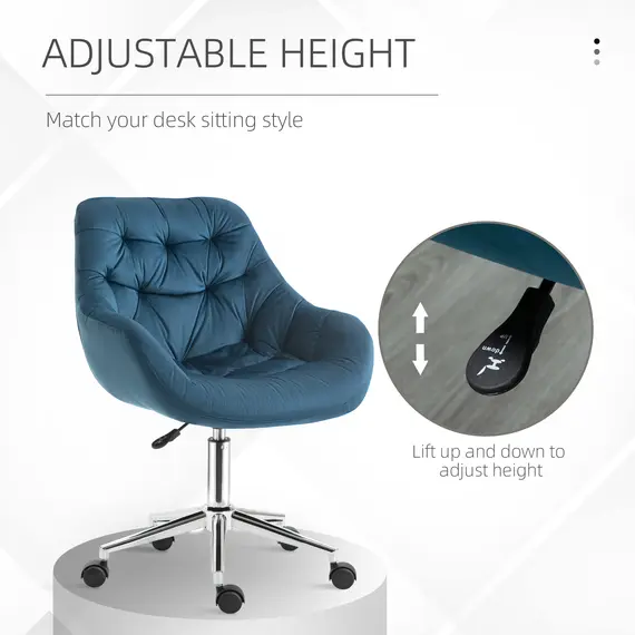 Buy Vinsetto Home Office Chair Velvet Ergonomic Computer Chair Comfy Desk Chair with Adjustable Height, Arm and Back Support, Blue, 3 image