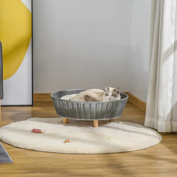 Buy Wicker Dog Cat Bed Raised Pet House Hand-knitted Rattan Small animal Sofa with Soft Washable Cushion Indoor 60 x 60 x 23.5cm