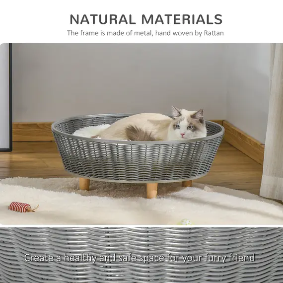 Buy Wicker Dog Cat Bed Raised Pet House Hand-knitted Rattan Small animal Sofa with Soft Washable Cushion Indoor 60 x 60 x 23.5cm, 3 image