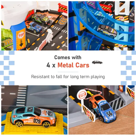 Buy HOMCOM 7-Level Garage Toy Parking Lot PlaySet Dual Race Tracks Toddler Car Games w/ Electric Elevator Wash, Ejector & Car Repair Station Metal Cars, 3 image