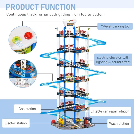Buy HOMCOM 7-Level Garage Toy Parking Lot PlaySet Dual Race Tracks Toddler Car Games w/ Electric Elevator Wash, Ejector & Car Repair Station Metal Cars, 4 image
