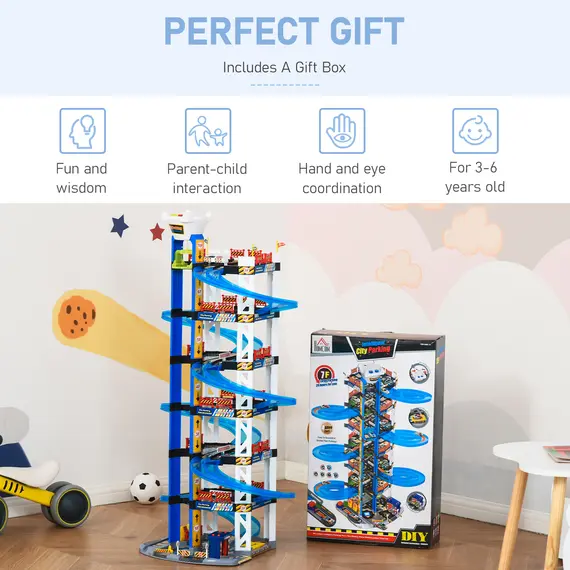 Buy HOMCOM 7-Level Garage Toy Parking Lot PlaySet Dual Race Tracks Toddler Car Games w/ Electric Elevator Wash, Ejector & Car Repair Station Metal Cars, 5 image