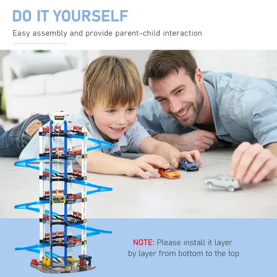 Buy HOMCOM 7-Level Garage Toy Parking Lot PlaySet Dual Race Tracks Toddler Car Games w/ Electric Elevator Wash, Ejector & Car Repair Station Metal Cars, 6 image