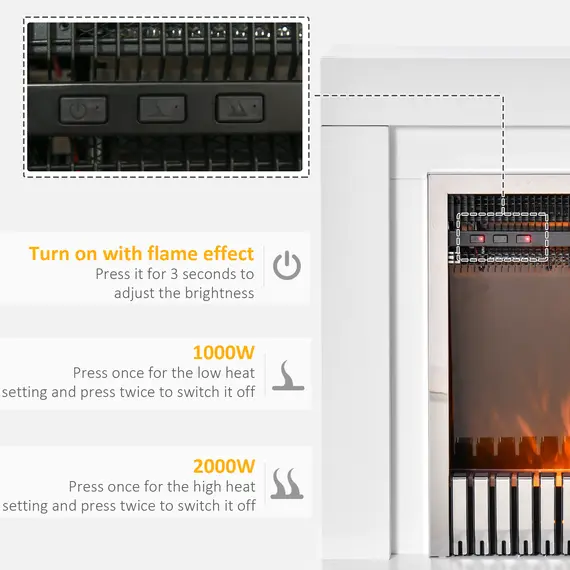 Buy HOMCOM Electric Fireplace Suite with Remote Control, Freestanding Fireplace Heater with Flame Effect, 1kW/2kW, Overheat Protection, White, 3 image