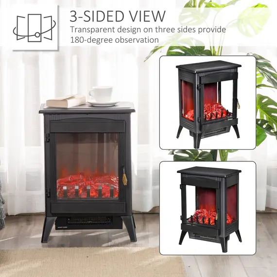 Buy HOMCOM Free standing Electric Fireplace Stove, Fireplace Heater with LED Flame Effect, 3-sided Tempered Glass, Overheat Protection, 1000W/2000W, Black, 3 image