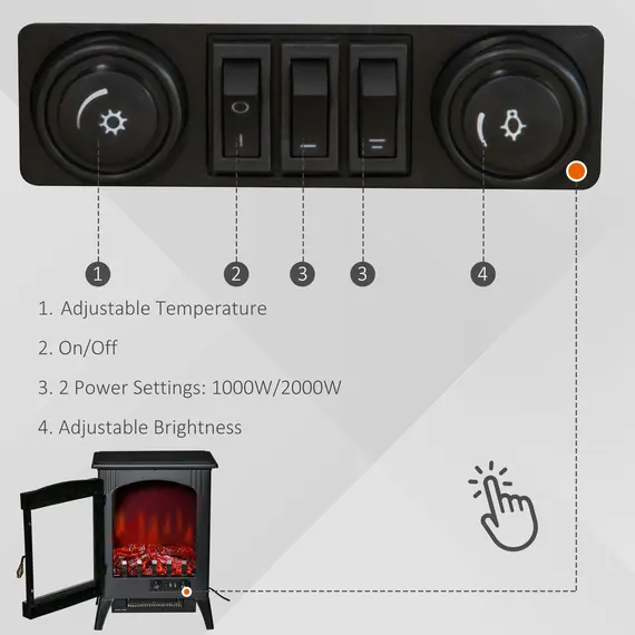 Buy HOMCOM Free standing Electric Fireplace Stove, Fireplace Heater with LED Flame Effect, 3-sided Tempered Glass, Overheat Protection, 1000W/2000W, Black, 5 image