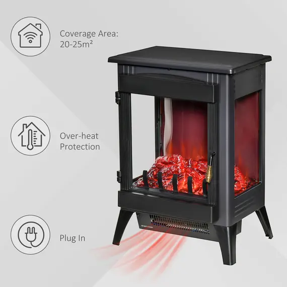 Buy HOMCOM Free standing Electric Fireplace Stove, Fireplace Heater with LED Flame Effect, 3-sided Tempered Glass, Overheat Protection, 1000W/2000W, Black, 6 image