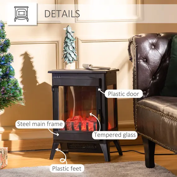 Buy HOMCOM Free standing Electric Fireplace Stove, Fireplace Heater with LED Flame Effect, 3-sided Tempered Glass, Overheat Protection, 1000W/2000W, Black, 7 image