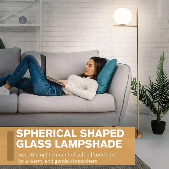 Buy HOMCOM Modern Floor Lamp Metal Frame Sphere Light w/ Pedal Switch Unique Standing Beautiful Furnishing for Home Office Living Room, Gold, 3 image
