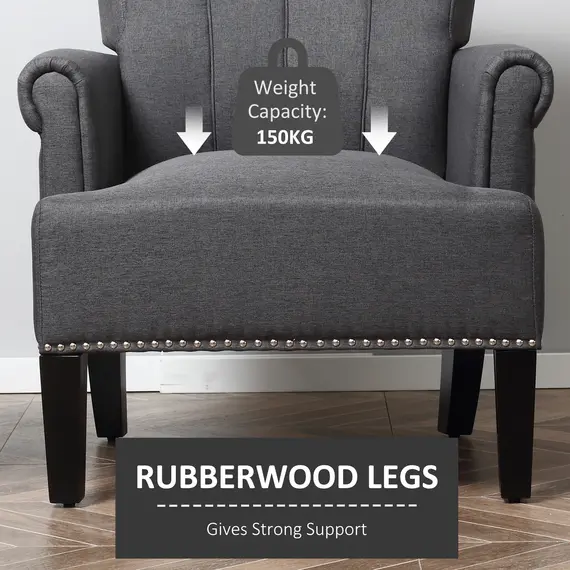 Buy HOMCOM Wing Back Armchair Modern Single Sofa Accent Chair with Upholstered Seat, Rubber Wood Legs for Living Room and Dining Room, Dark Grey, 3 image